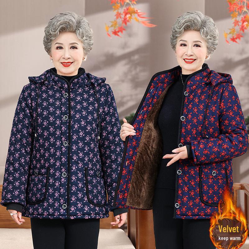 Grandma's Warm Velvet-Lined Winter Coat - Cozy Cotton Jacket for Mid-Aged & Elderly Women