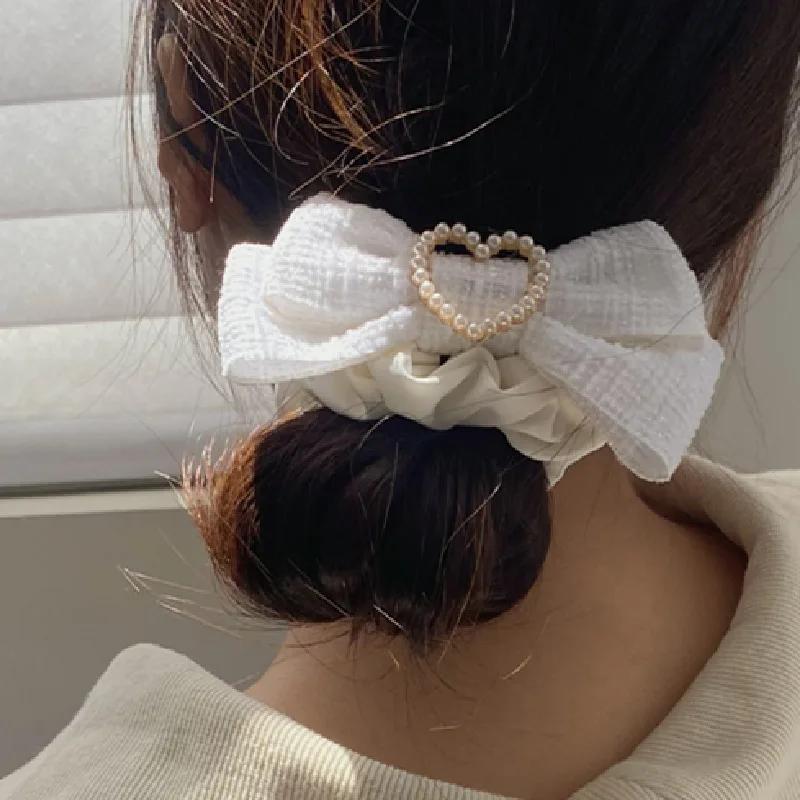 Neues Schleifen-Haarseil Ringe Damen Süße Perle Herz Haargummis Elastisches Stirnband Mädchen Haaraccessoires Pferdeschwanzhalter Bänder