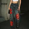 Loose Fit Faux Denim Trousers Women High Waisted Wide Leg Jeans, Vintage Floral Print Relaxed Trousers, Casual Pants with Pockets & Metal Eyelets