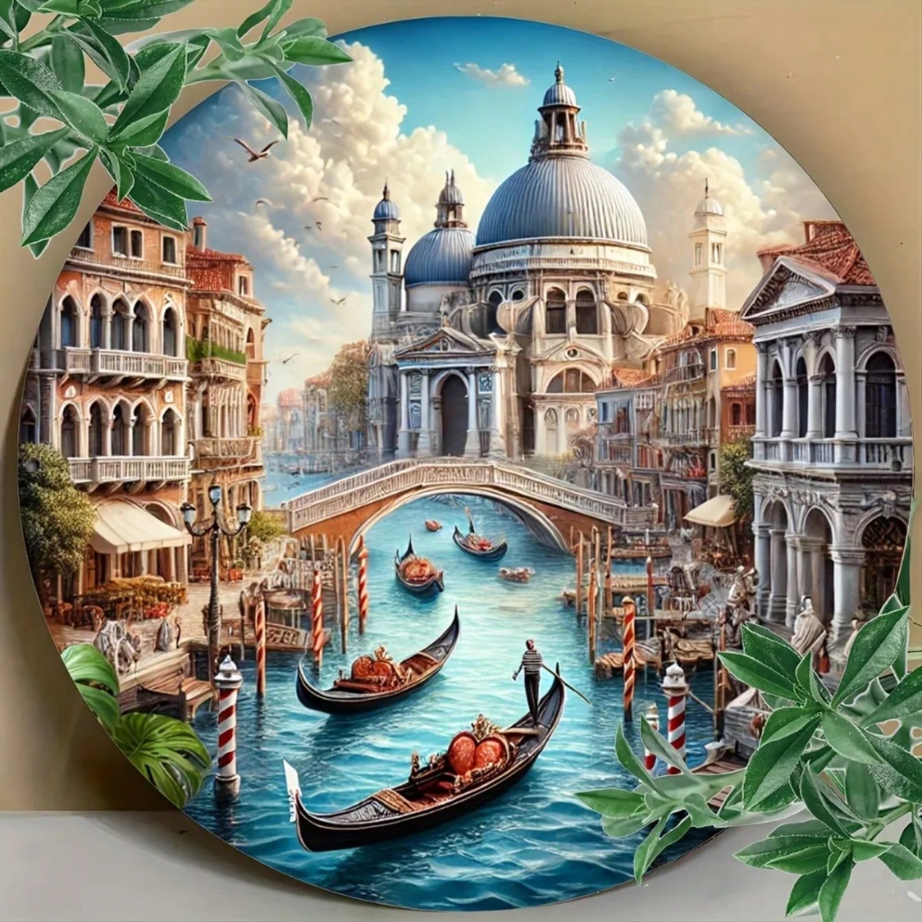 Venice Canal Metal Wall Art Round Iron Sign Skyline Water Reflection