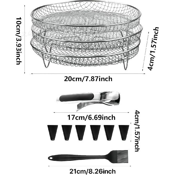 Air Fryer Basket for Oven, 7.8inch Round Air Fryer Rack with Clamp and Brush Stainless Steel Air Fryer Basket Non-Stick Air Fryer Tray Fit All 4.2QT