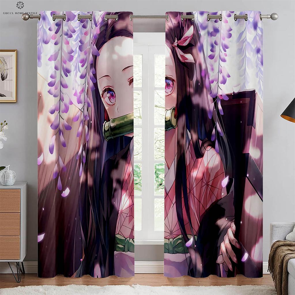 Japanese Anime Print Curtains for Kids Room, Bedroom, Living Room, Kitchen Decorative Curtains, Home Decoration, 2 PCs