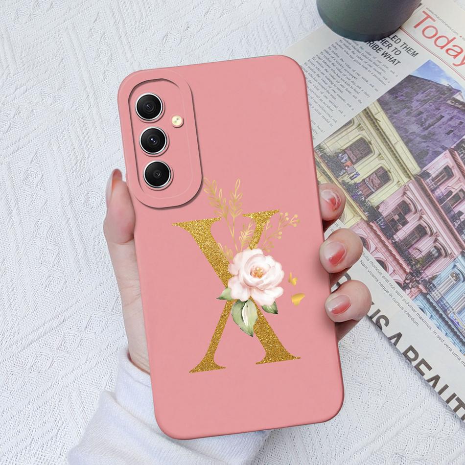 Phone Case For Samsung Galaxy A34 A33 A32 Elegant Rose Letter Soft Liquid Silicone Sqare Back Cover For Samsung A 34 33 32 Shell