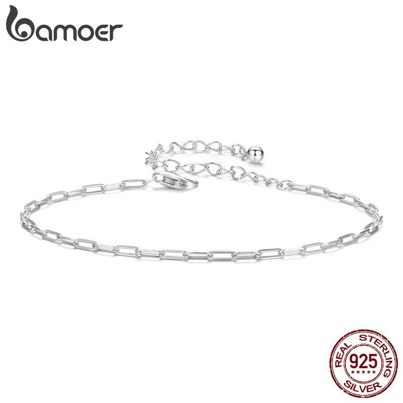 BAMOER Solid 925 Silver Square Chain Bracelets for Women, White Gold Plated Handmade Basic Bracelets Birthday Gift