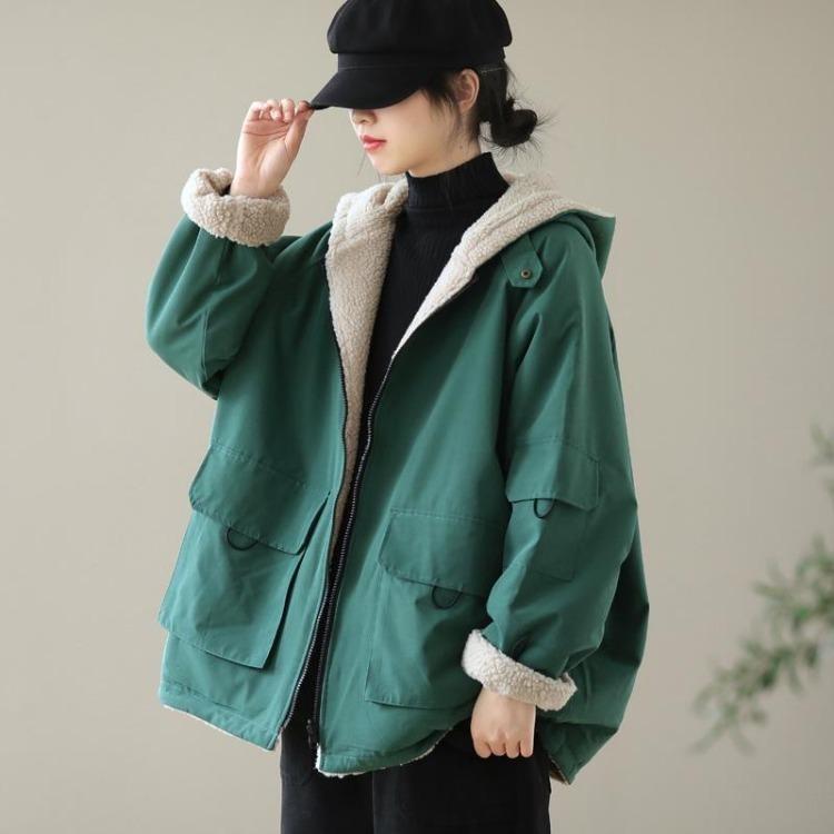 

Women Big Size Retro Warm Thickened Hooded Cotton Jacket Leisure Coat Fall Winter M зелёный