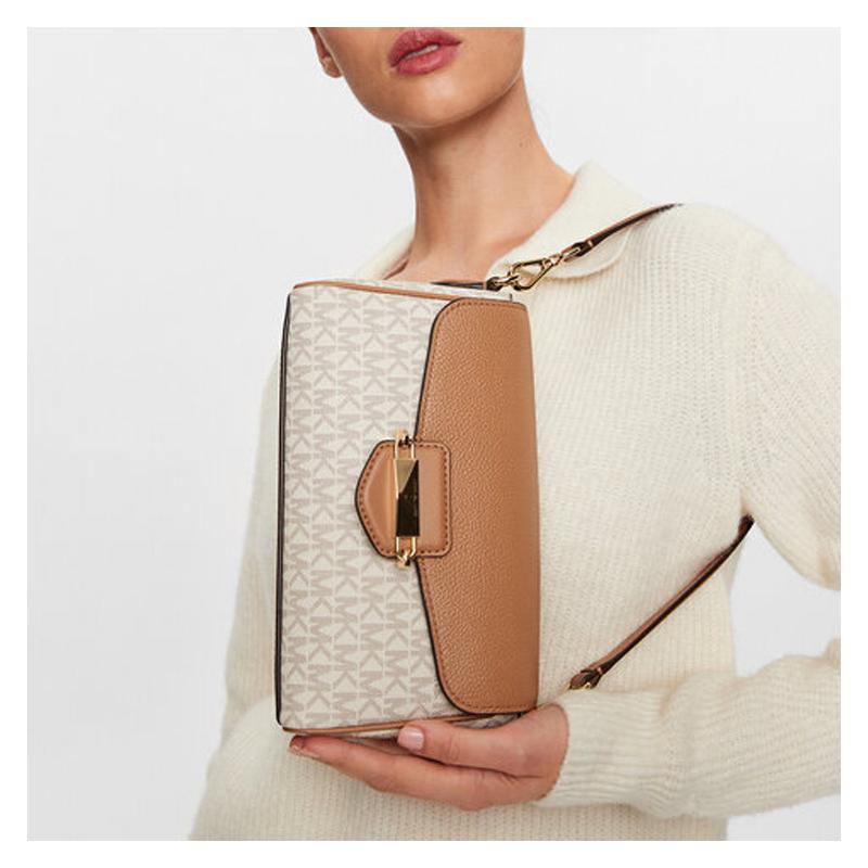 Michael Kors Fleur Solid Color Logo Lock Flap Closure Cowhide Baguette Hand Shoulder Bag Women's Vanilla and Brown