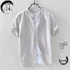 Men's Summer White Linen Shirt - Short-Sleeve, Stand-Up Collar, Japanese Business Casual Style, Loose Fit.