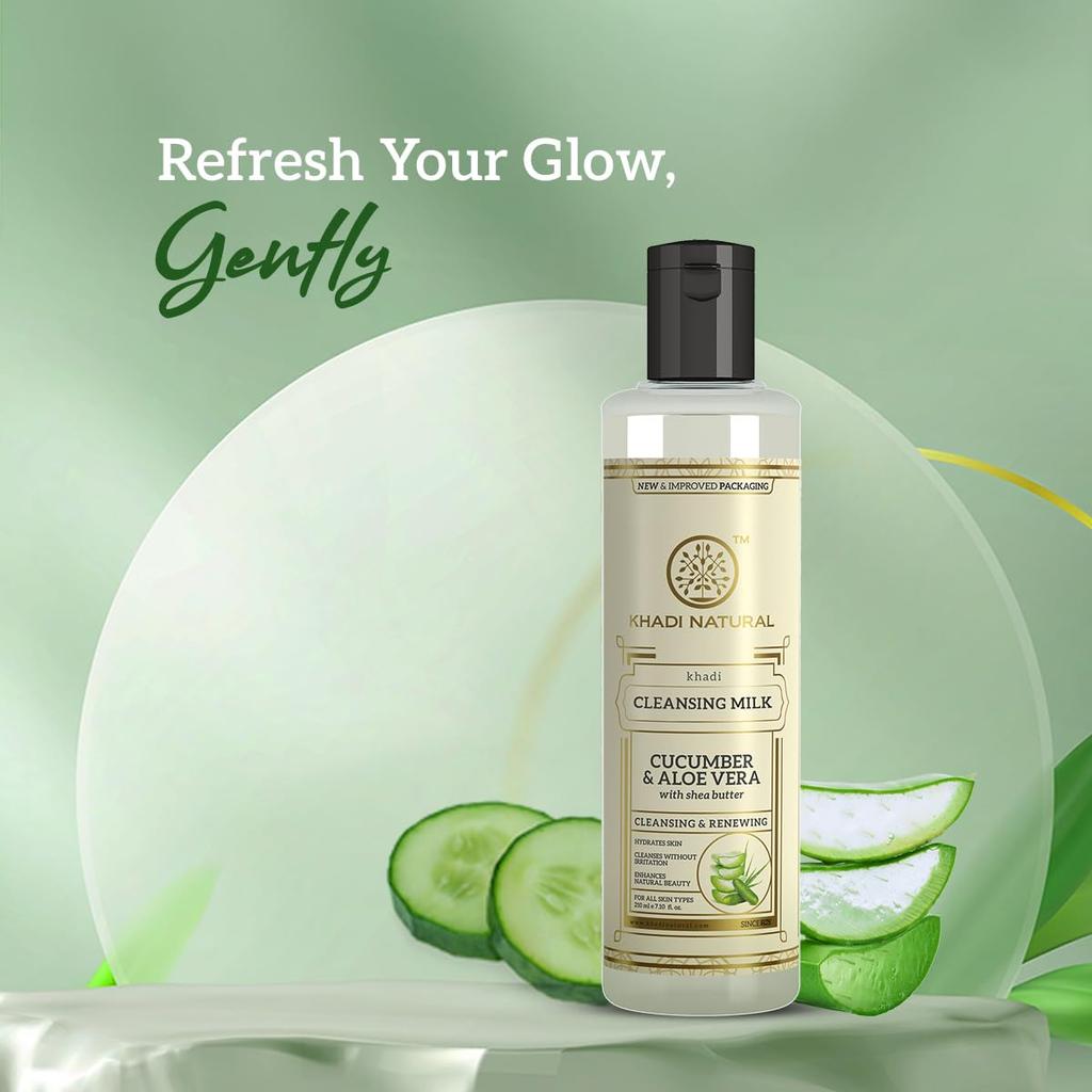Khadi Natural Cucumber & Aloe Vera Cleansing Milk 210ml | Makeup Remover for Nourished, Toned Skin | Rich Antioxidants, All Skin Types