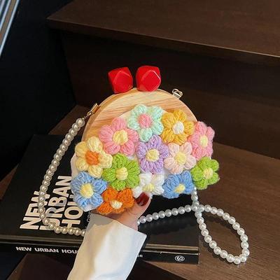 Retro Wooden Clip Purse Handbag Fashion Crochet Bag For Women Trend Simulation Pearl Chain Crossbody Bag Lady Knitting Handbag Purse