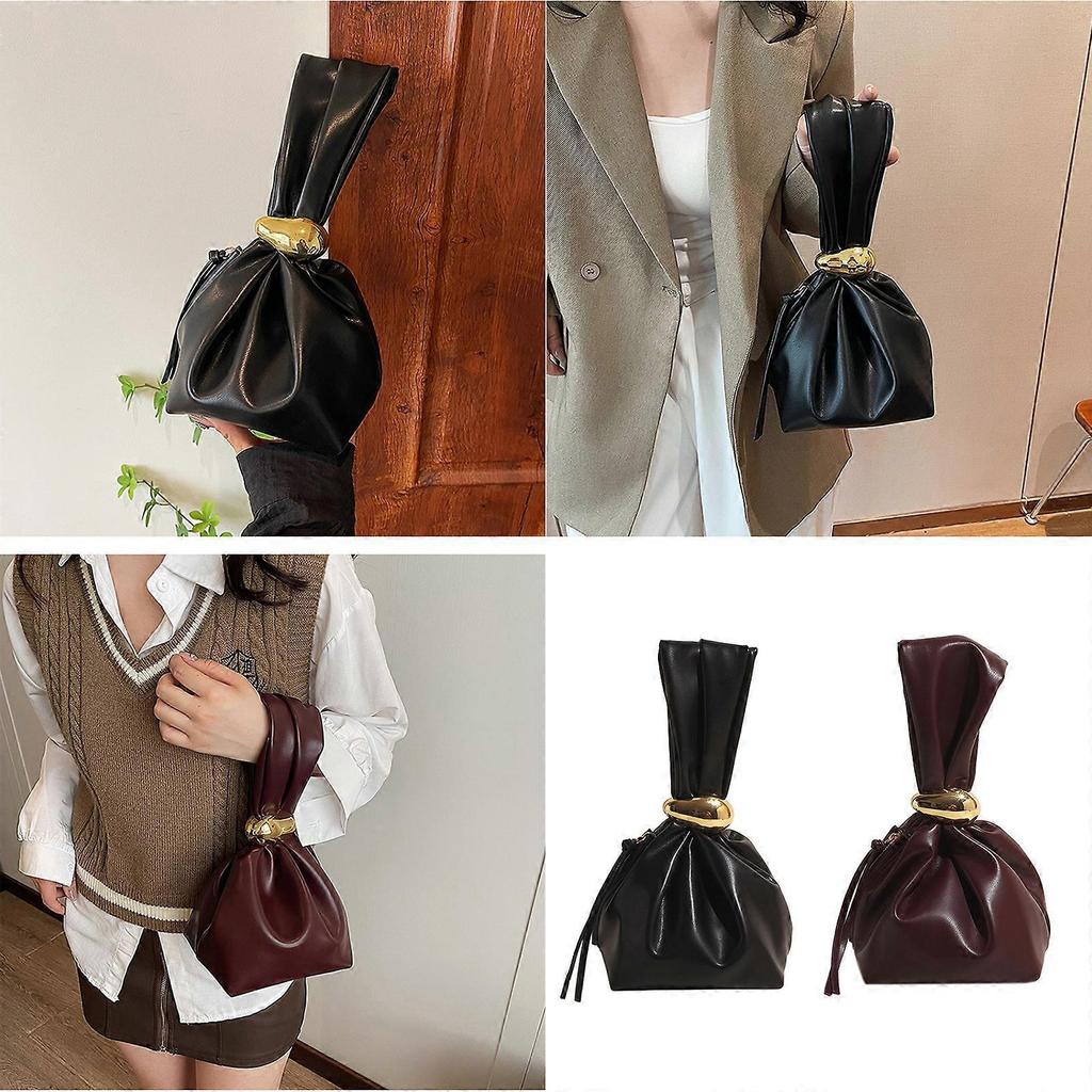 Retro Inspired Women's Handbag With Wristlet Sleeve Practical PU Bucket Bag Evening Purse for Cocktail Party Burgundy