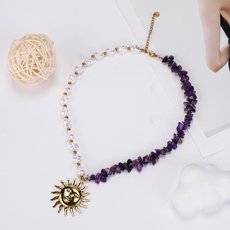 Bohemian Pearl Chip Beaded Sunflower Choker Necklace in Two-Tone Stainless Steel