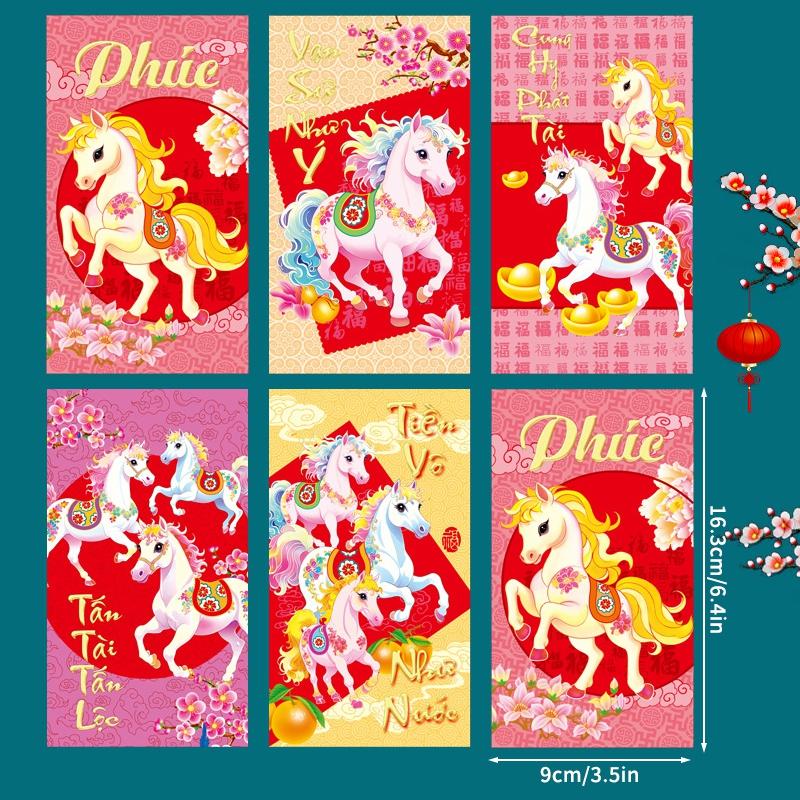 

Vietnam Horse Red Envelope 6Pcs/Pack New Year Red Pocket Kids Lucky Money Bag Spring Festival Blessing Gift Laisee Hongbao