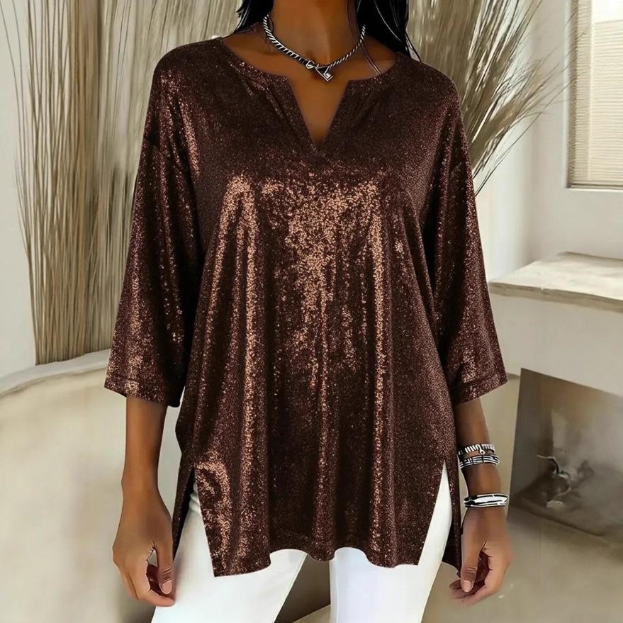 2025 Women's Shiny V-Neck Loose Split Sleeve Top