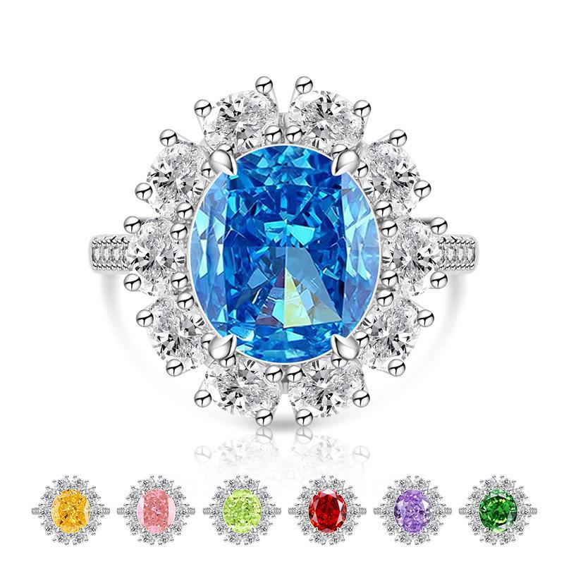 925 Sterling Silver Ice Flower Cut Sunflower Pigeon Egg Color Gem Ring Large Oval Cut High Carbon Diamond Band Women Party Jewelry