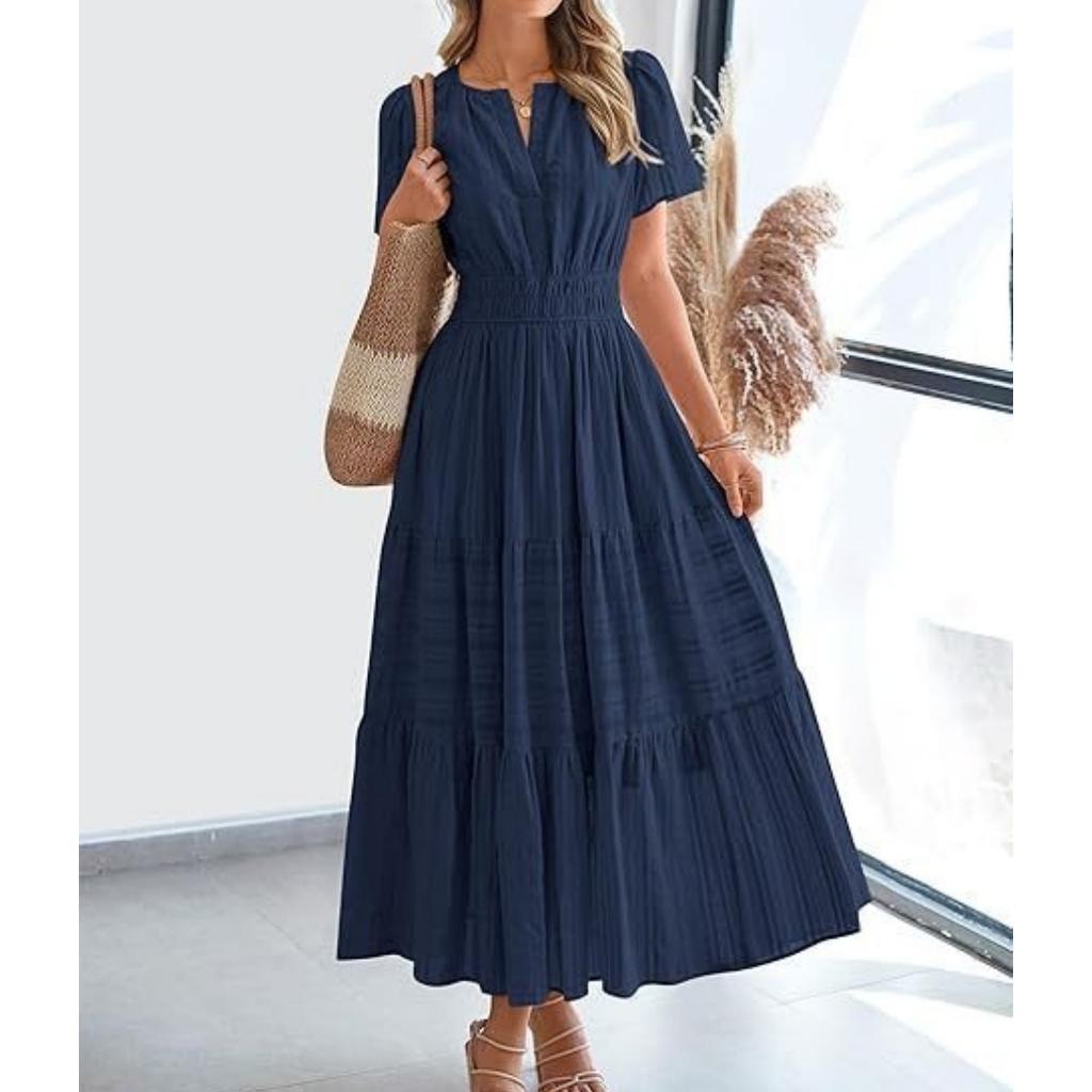 Women V-Neck Maxi Dress with Ruched Puff Sleeves for Casual Summer Wear