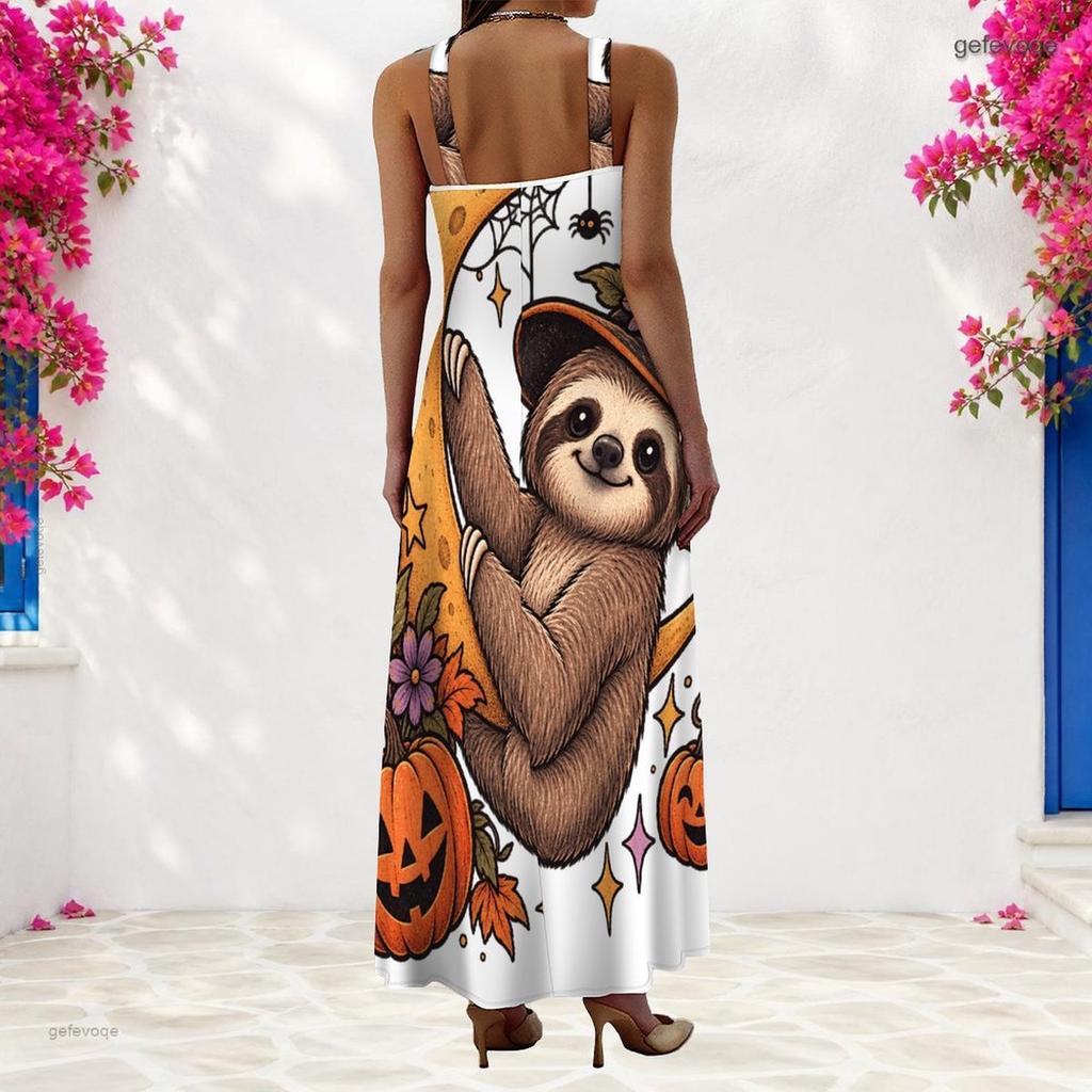 Women Plus Size Scoop Neck Strappy Sleeveless White Halloween Sloth Pumpkin Printed A Line Long Dress