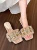 Retro exquisite rhinestone one-word women's autumn light luxury thick heel slippers, light gem square head slippers
