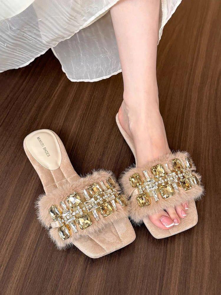 Retro exquisite rhinestone one-word women's autumn light luxury thick heel slippers, light gem square head slippers