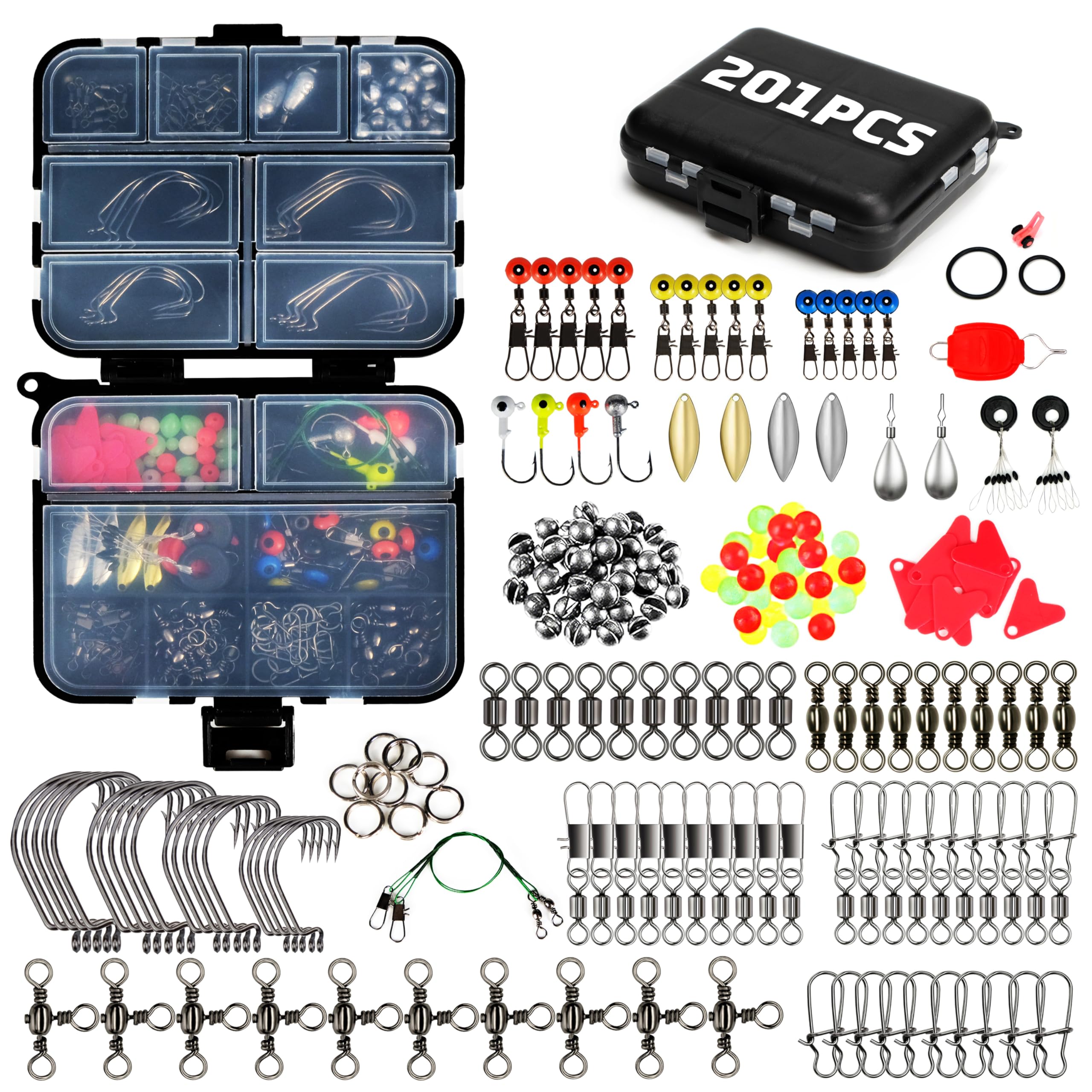 

Piscorush Fishing Tackle Includes split luminous and a fishing case for making your own fishing 201-Piece Set swivels, snaps, hooks, sinkers, rings,