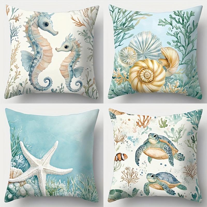 4 шт., наволочки с принтами, включая морского конька, морскую звезду, черепаху и другие узоры. Подходит для домашнего декора, улицы, комнаты 35x35cm-4pc14x14in