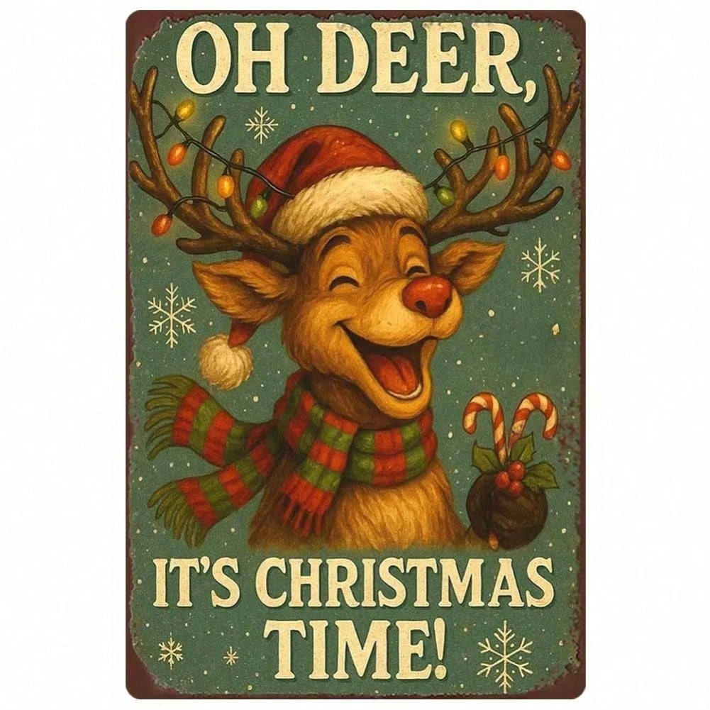 Vintage Tin Sign Christmas Reindeer Metal Wall Art Home Decor 8x12