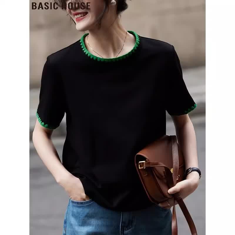 Basic House Women s Color Block Round Neck Short Sleeve T-Shirt L