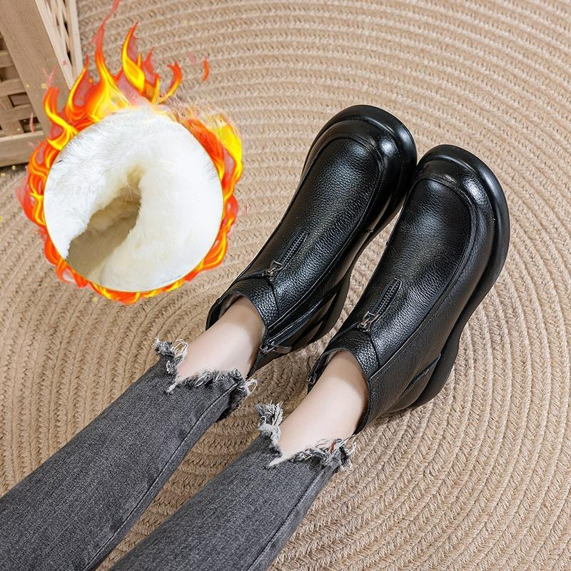 Cowhide Cotton Shoes, Flat-bottomed Wool Short Boots, Women's Winter Plus Velvet Warm Boots, Soft-soled Non-slip Leather Boots