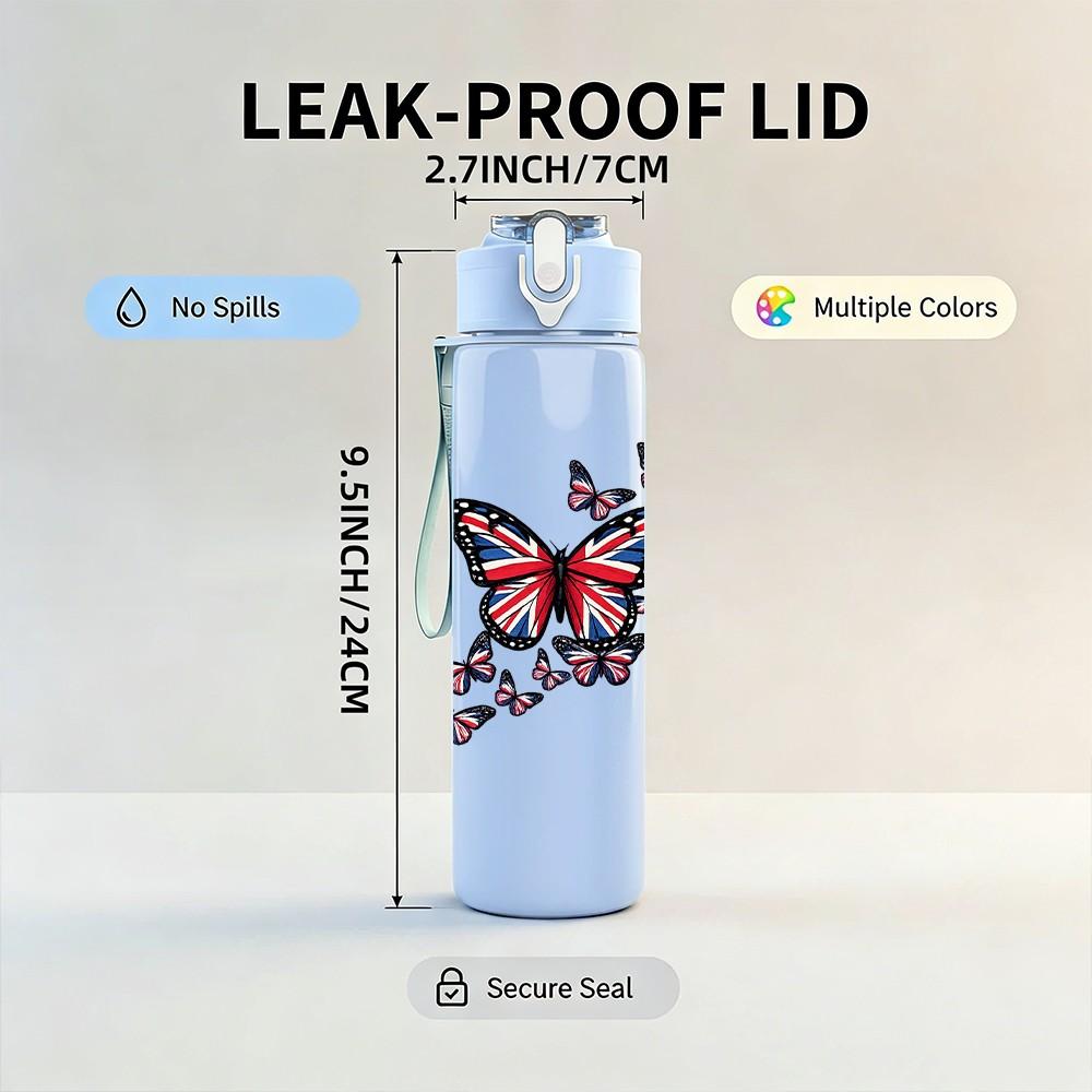 1PC Colorful Butterfly Floral Print 750ml Color Plastic Sports Water Bottle Leakproof Flip Straw Lid Suitable for Sports Office Home Use