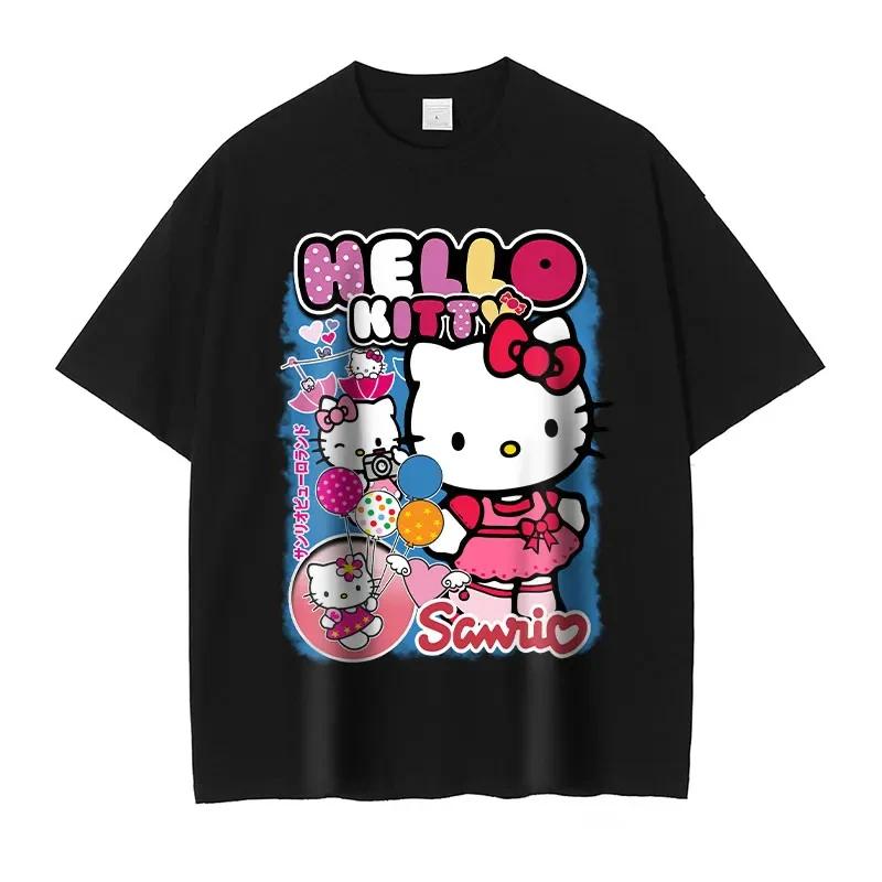 2026 New Holiday Tshirt with Hello Kitty Print Retro Sleeve Style Multi Pattern Pure Cotton Womens Tshirt Round Neck Y2K Top