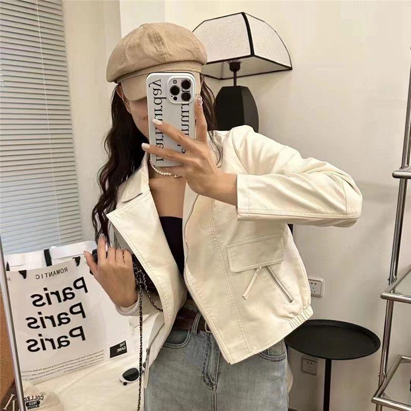 Leather Jacket Women's Short Style Autumn New Korean Style Temperament Suit Collar Loose Slimming Long Sleeve Versatile PU Leather Jacket