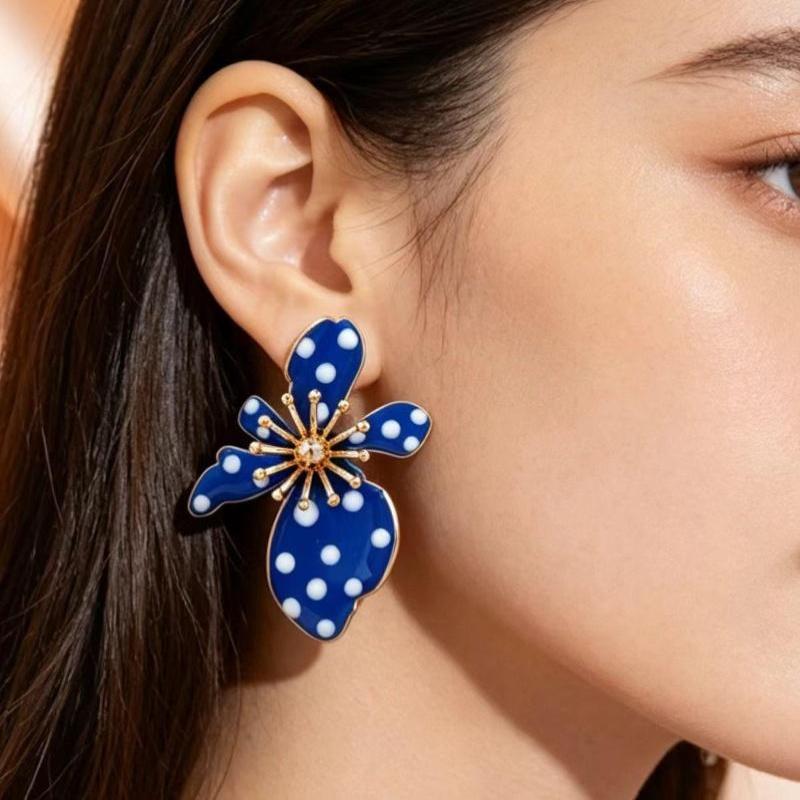 Black Flower Shaped Dangle Earrings White Faux Pearl Polka Dot Gold Tone Details For Parties Dates Daily Wear
