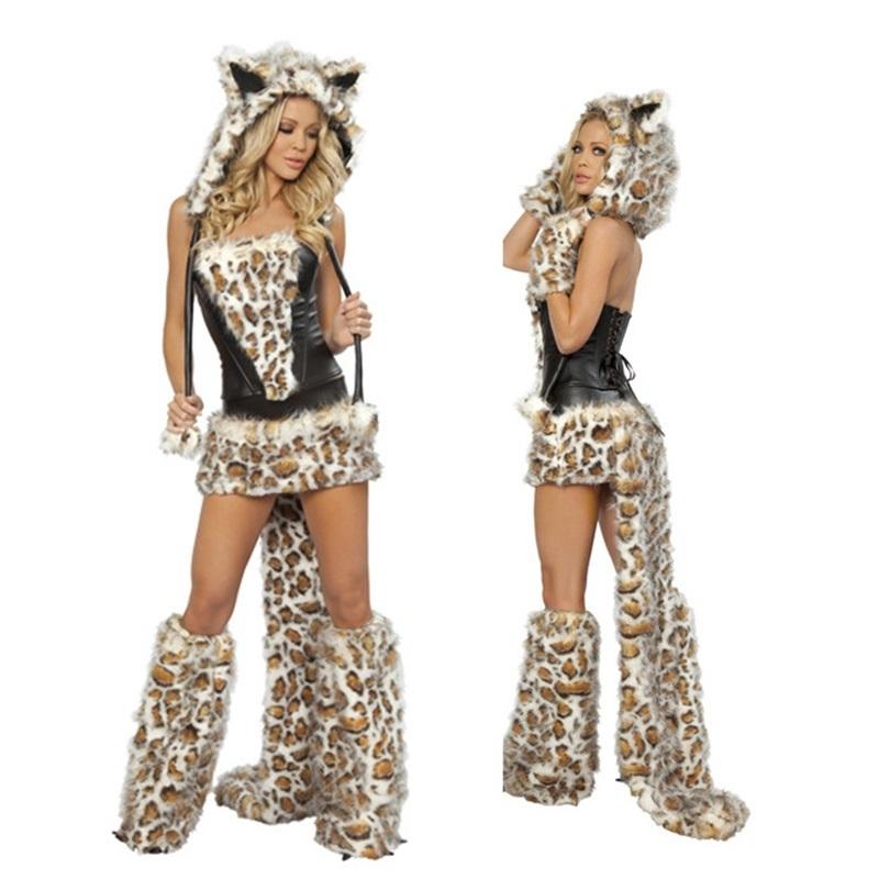 Costume Gatto Leopardo da Donna con Coda Cappuccio Peloso Animale Cosplay Outfit Festa di Halloween Travestimento Clubwear
