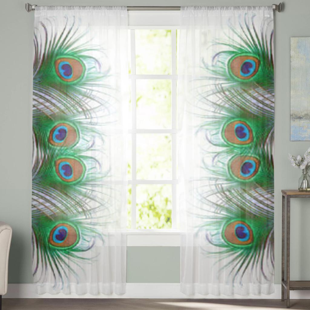 Peacock Feather Sheer Curtains For Living Room Window Transparent Voile Tulle Curtain Bedroom Drapes Home Decor