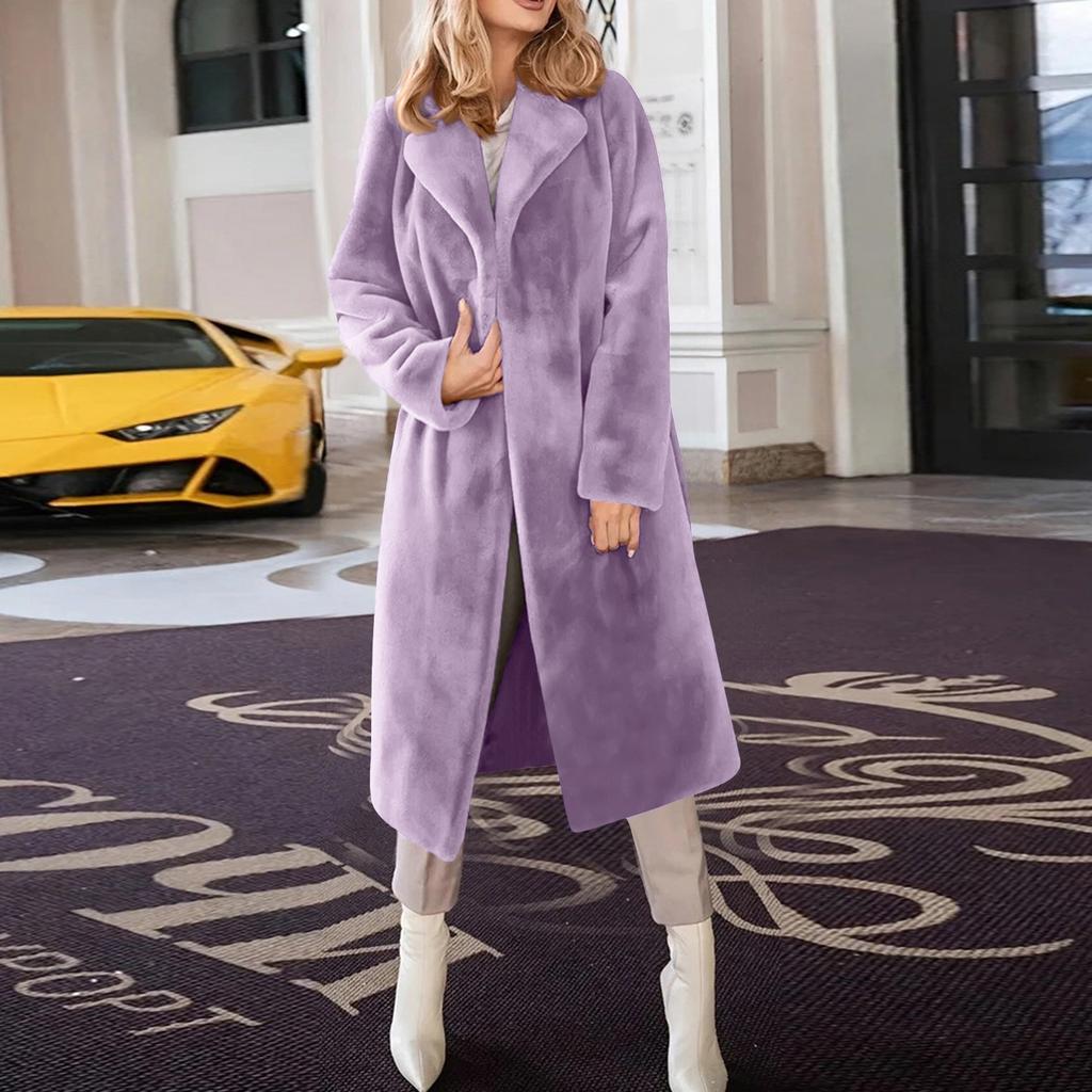 Damenmode, lässig, einfarbig, dick, warm, Revers, Plüsch, langer Mantel