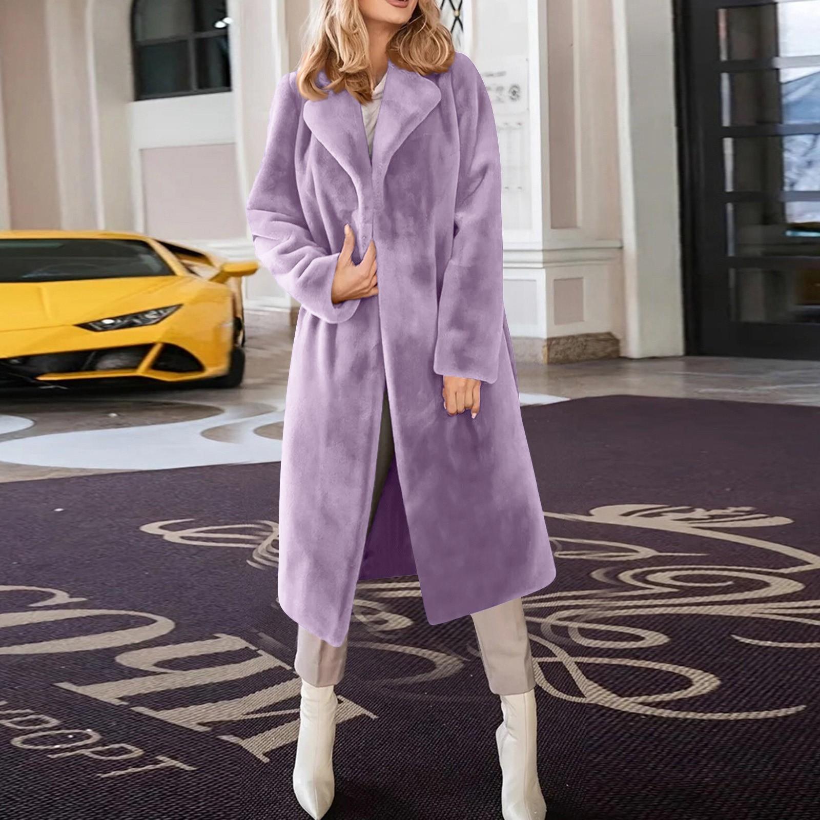 

Женское модное повседневное однотонное толстое теплое длинное пальто с лацканами из плюша XXXXXL фиолетовый