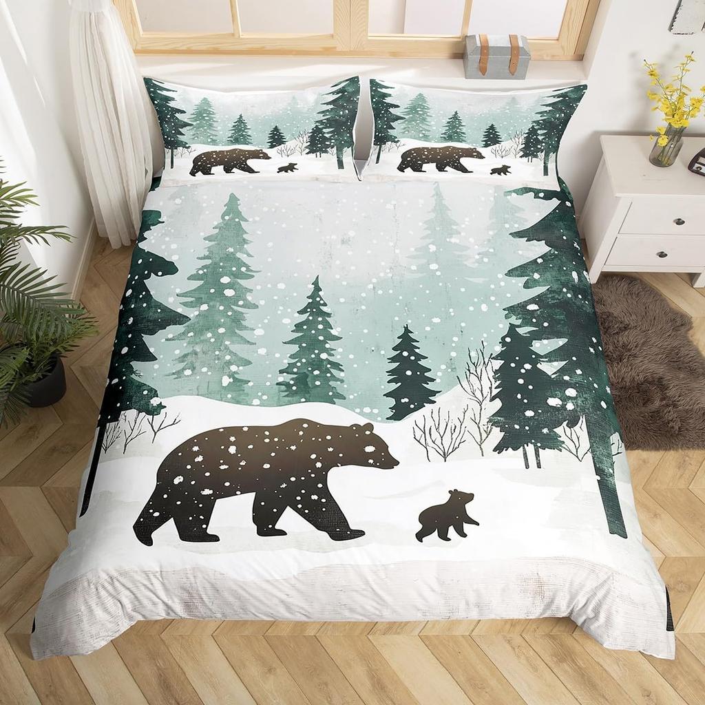 Rustic Bear Duvet Cover Twin Queen Size, Hunting Wild Animal Comforter Cover Wildlife Bedding Set for Kids Teens Adult Bedroom