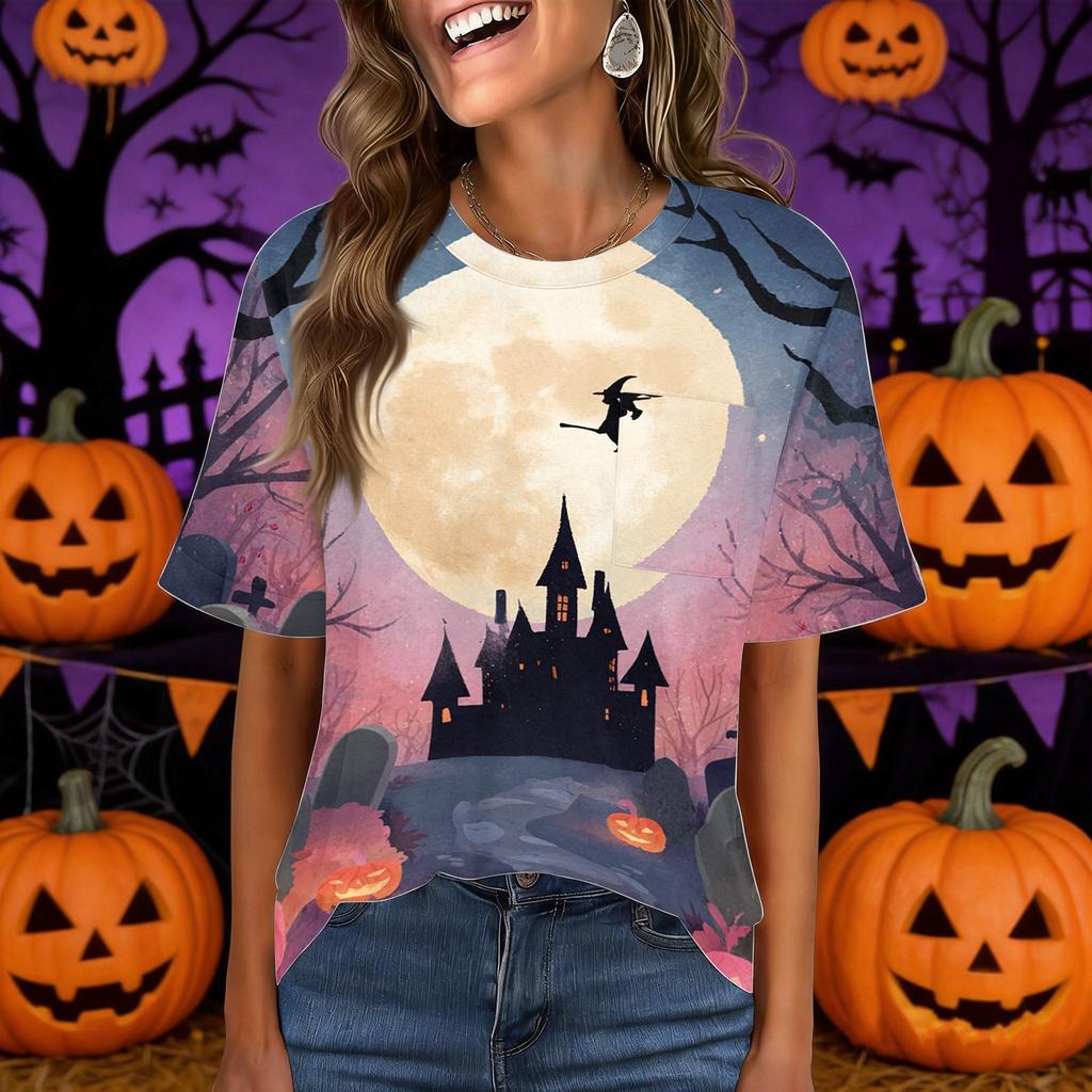 Women's Casual Short Sleeve Pullover Top Halloween Print Round Neck Pocket Loose Fit Lightweight Shirt for Everyday Wear