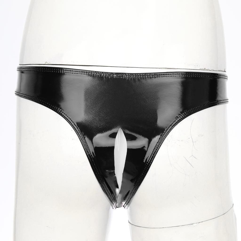 Mens Wet Look Patent Leather Crotchless Lingerie Bikini Briefs Underwear Panties