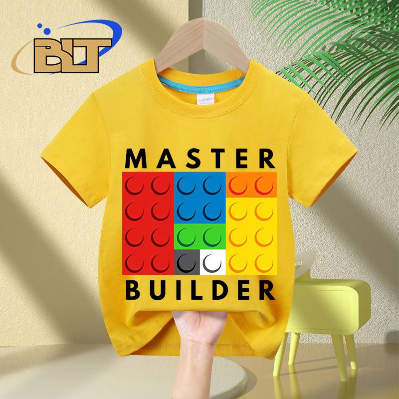 Master Builder kids TShirt childrens summer pure cotton shortsleeved casual tops boys and girls gifts