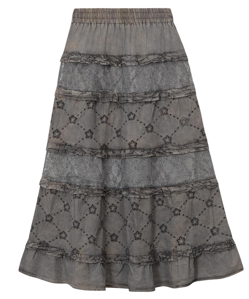 Ulkin [Runway] Traditionally Dyeing Persimmon, Ink Mugunghwa Punching Lace Frill Long Skirt_Brown