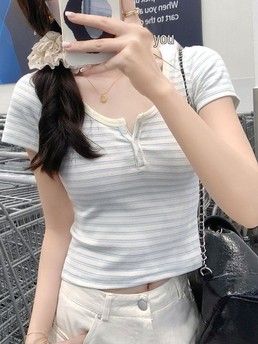 

Женская футболка с цветными блоками, полосками, U-образным вырезом, коротким рукавом, облегающего кроя - в корейском стиле, для миниатюрных, омолаживающий летний топ Small