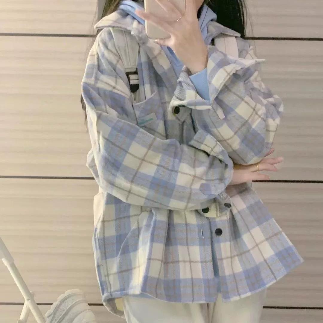 

Женская клетчатая рубашка, свободная женская блузка в стиле оверсайз с длинными рукавами, весенне-осенняя корейская версия, утягивающий кардиган, топ 2XL синий