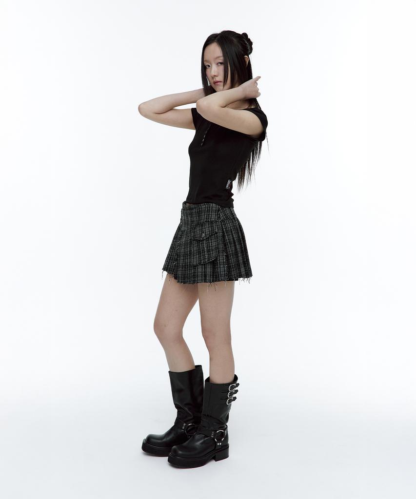 Rough Neck Tartan Check Tweed Skirt Black