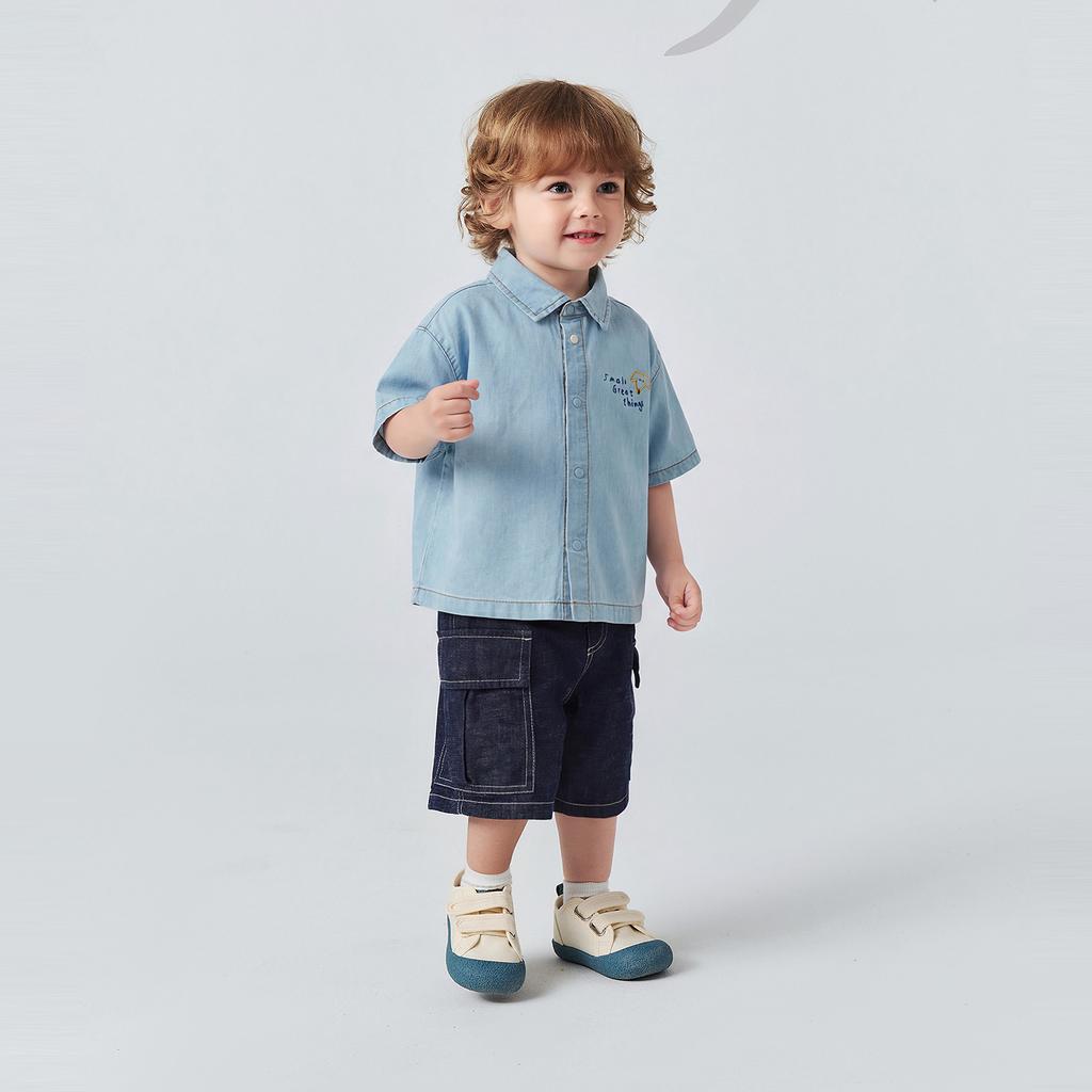 [Pure Cotton] Mini Balabala Boys' Short Sleeved Shirt Denim Soft Breathable Lightweight Top 26 Summer New Product