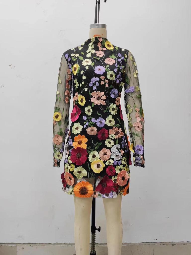 European and American 3D Floral Mesh Lace Embroidery Slimming Dress 2025