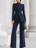 Conjunto de Blazer Feminino de Manga Longa Liso com Bolso e Um Botão + Calça de Pernas Largas Conjunto de Duas Peças