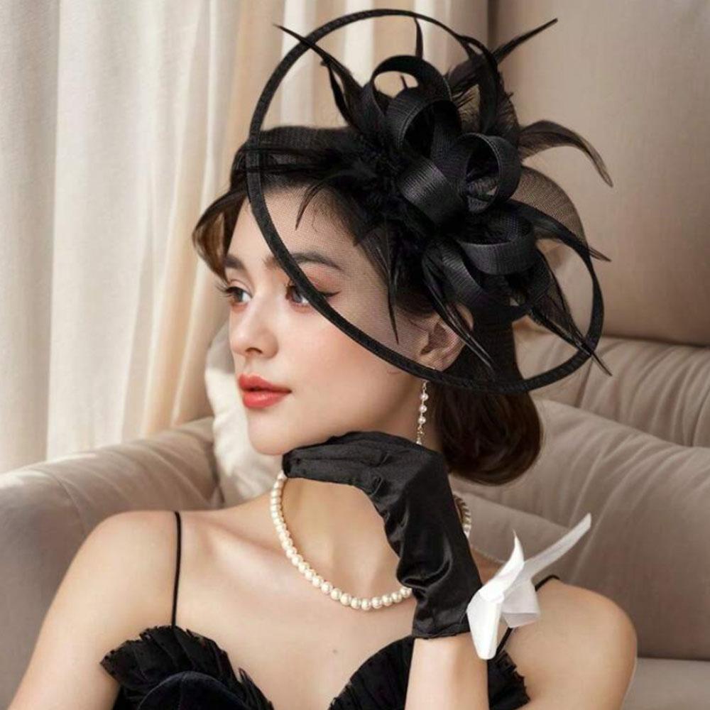 

Очаровательная шляпка с перьями и цветами, винтажная шляпка-фасинатор в стиле Кентукки для Дерби, коктейля, свадьбы чёрный