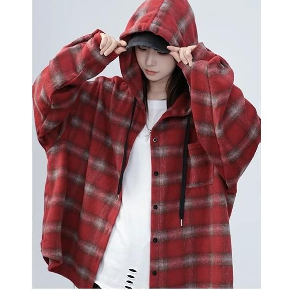 

Unisex Plaid Hooded Shirt: Casual Spring/Autumn Loose-Fit Jacket L красный