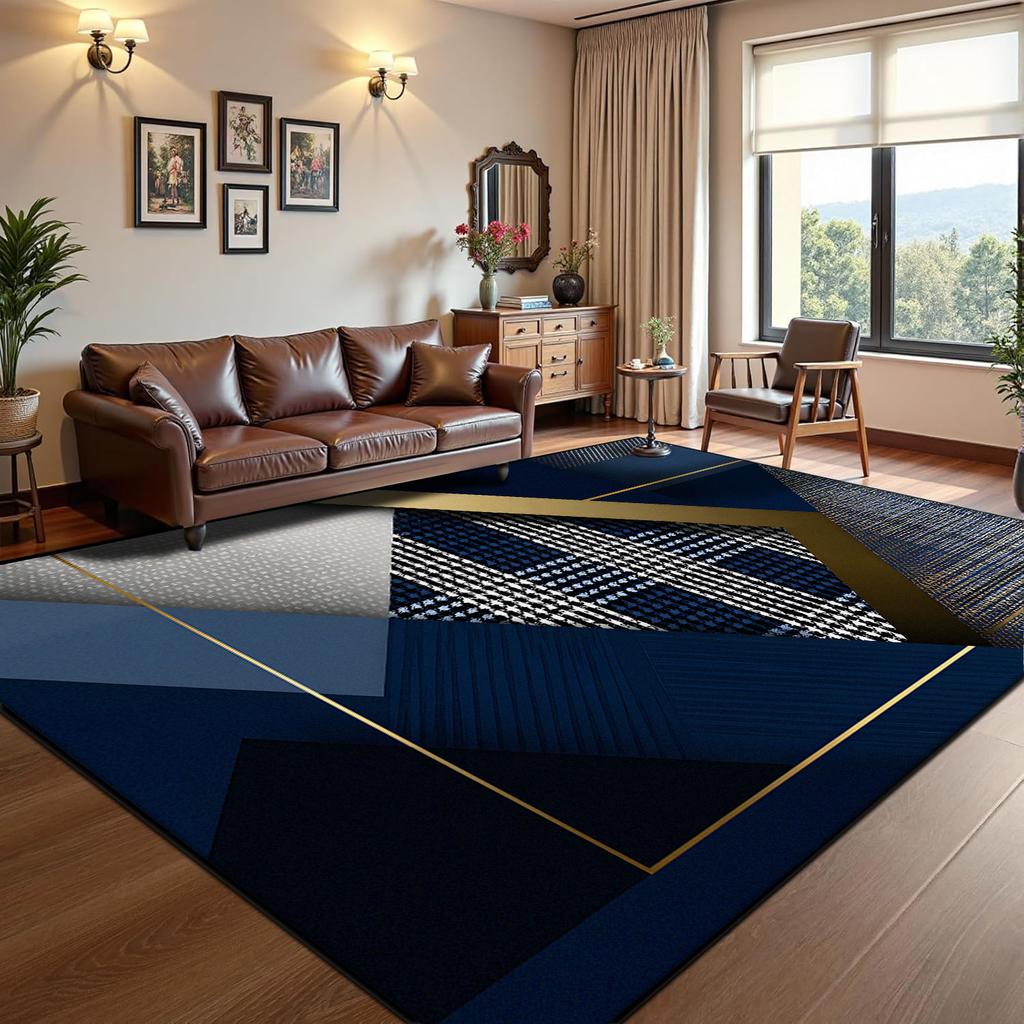 Covor Albastru Modern Abstract pentru Sufragerie, Dormitor Nordic, Covor Antiderapant, Catifea Scurtă, Covoraș Personalizabil, Lavabil