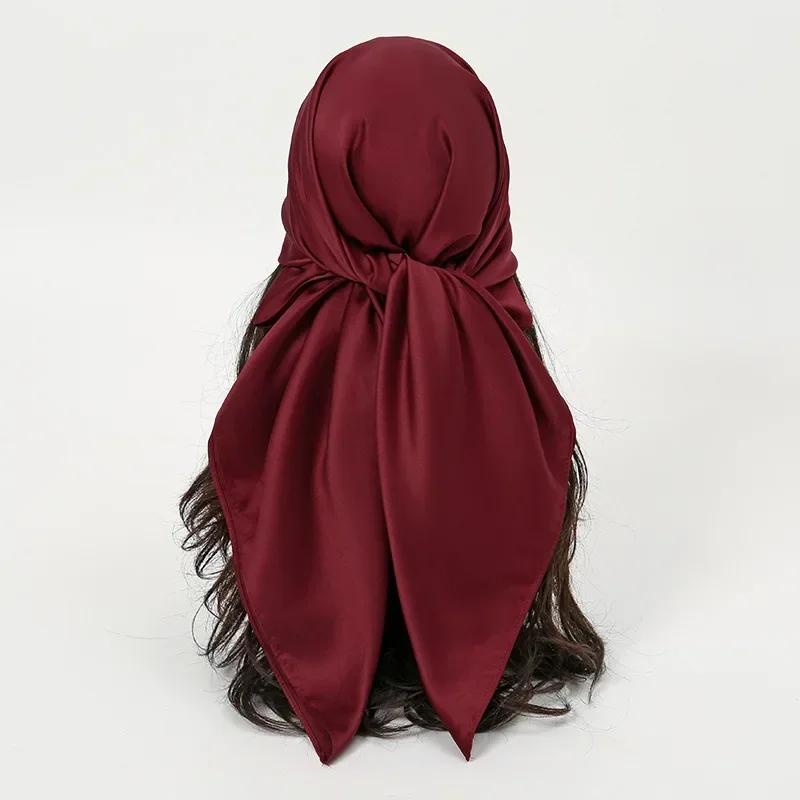 90X90 Satin Silk Scarf Hijab Solid Women Shiny Square Wrap Shawl Head Neck Cover Plain Hair Tie Band Beach Hijab Female Foulard